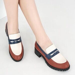 Classic Tri-Color Leather Loafers - Women's Cream, Brown & Navy